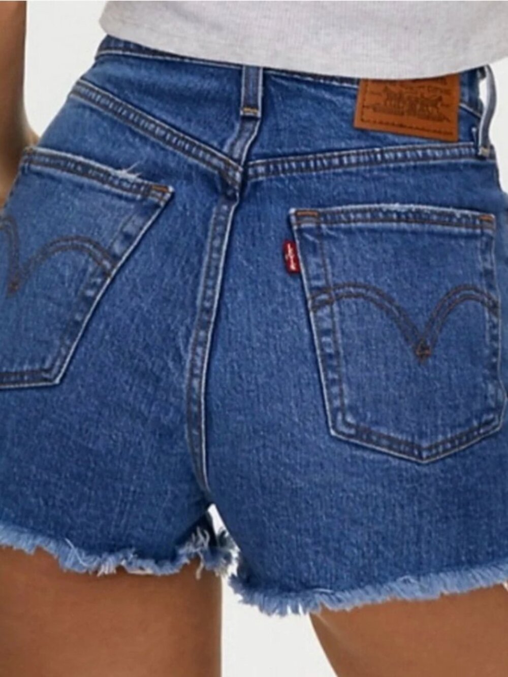 Levis Ribcage High Rise Medium/Dark Wash Shorts Size 30 Raw Hem